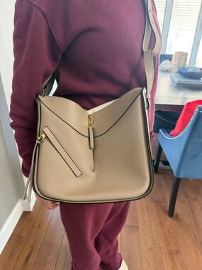 AUTHENTIC LOEWE Taupe Leather Crossbody Bag with Zip Accent - Women